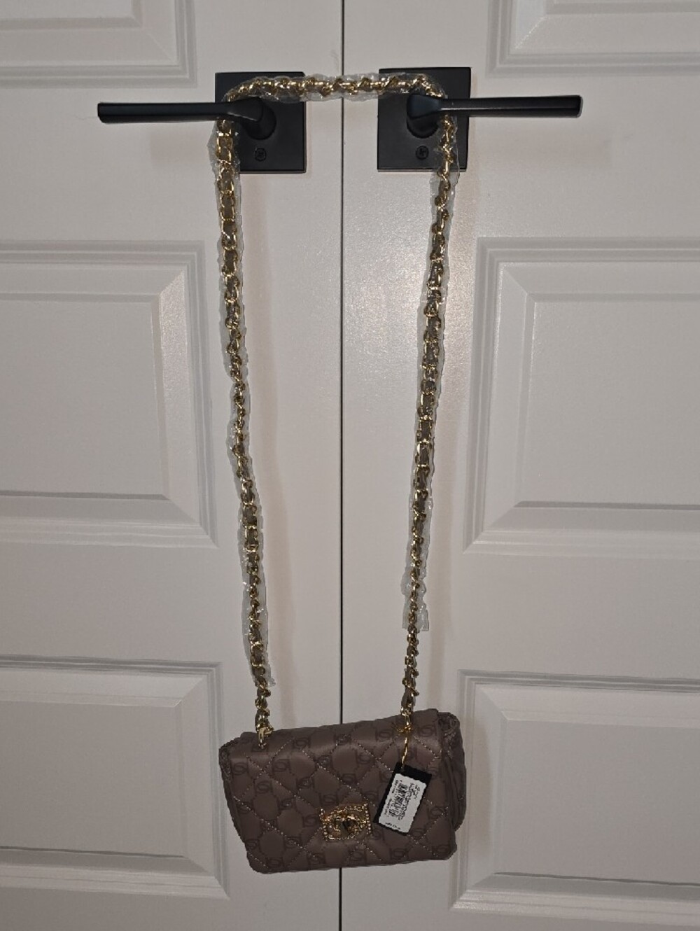 BeBe taupe quilted crossbody with gold hardware